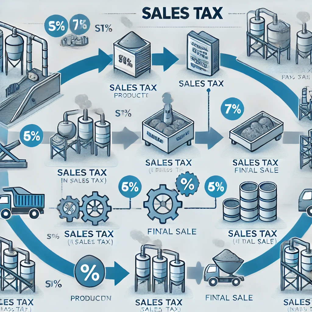DALL·E 2024-08-10 14.21.57 - A detailed infographic illustrating the process of how sales tax is applied to cement products in Pakistan. It should include stages from production t - Asaan Tax pk