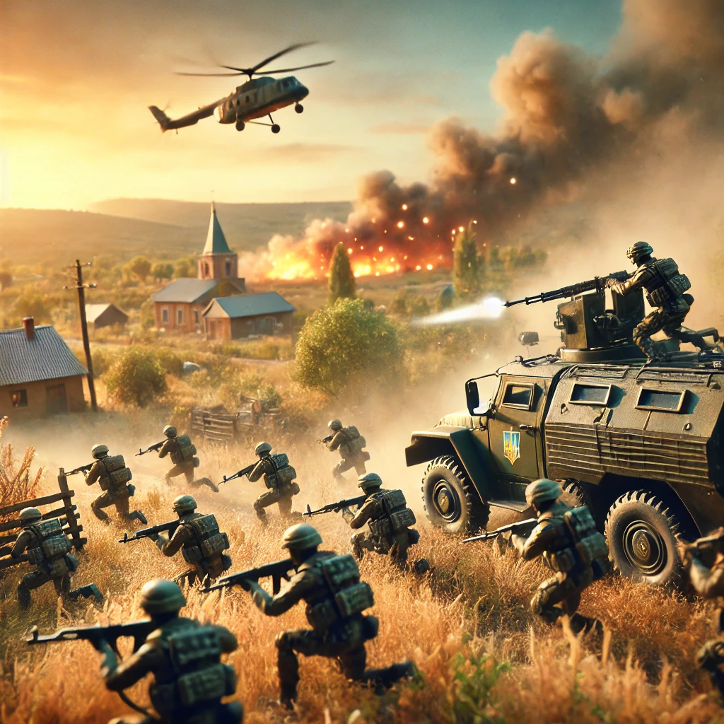 DALL·E 2024-08-10 18.10.17 - A high-quality image of Ukrainian forces launching a surprise assault in Southern Russia. The scene should depict soldiers, military vehicles, and the - Asaan Tax pk