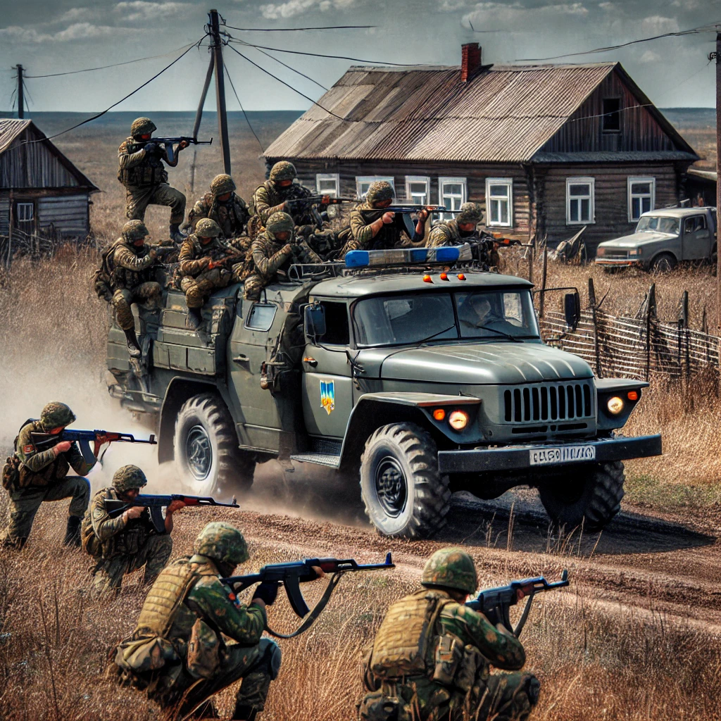 DALL·E 2024-08-10 18.10.36 - A high-quality image of Ukrainian soldiers executing a surprise assault in a rural area of Southern Russia. The scene should depict soldiers in action - Asaan Tax pk